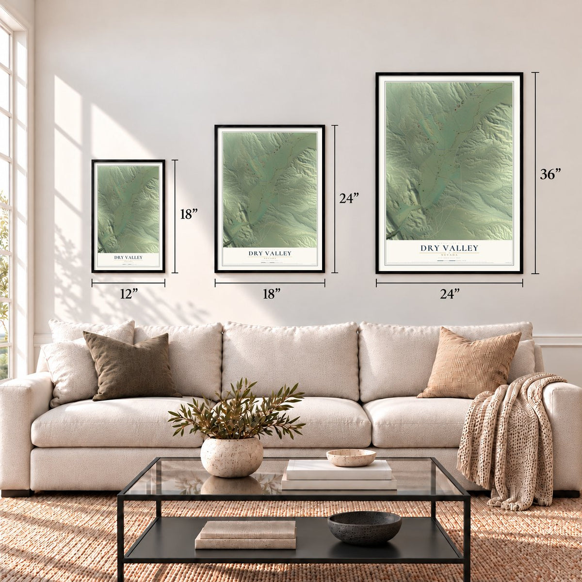 Dry Valley, Nevada map in 12 x 18, 18 x 24 and 24 x 36 inch sizes above a sofa