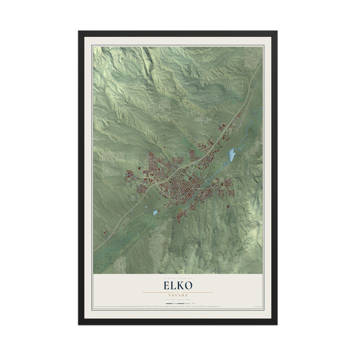 Map of Elko, Nevada, 12 x 18 inch print in a black wood frame