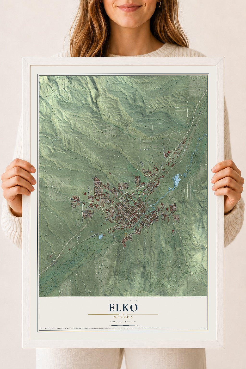 Map of Elko, Nevada, 18 x 24 inch print in a white wood frame