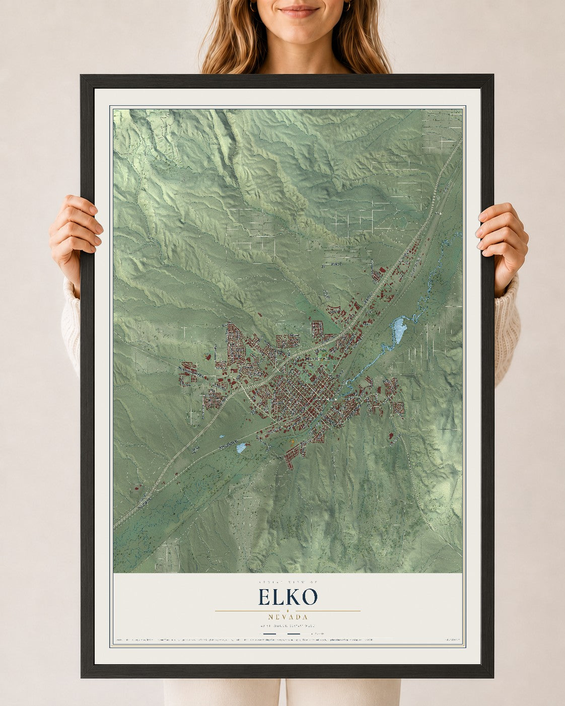 Map of Elko, Nevada, 24 x 36 inch print in a black wood frame