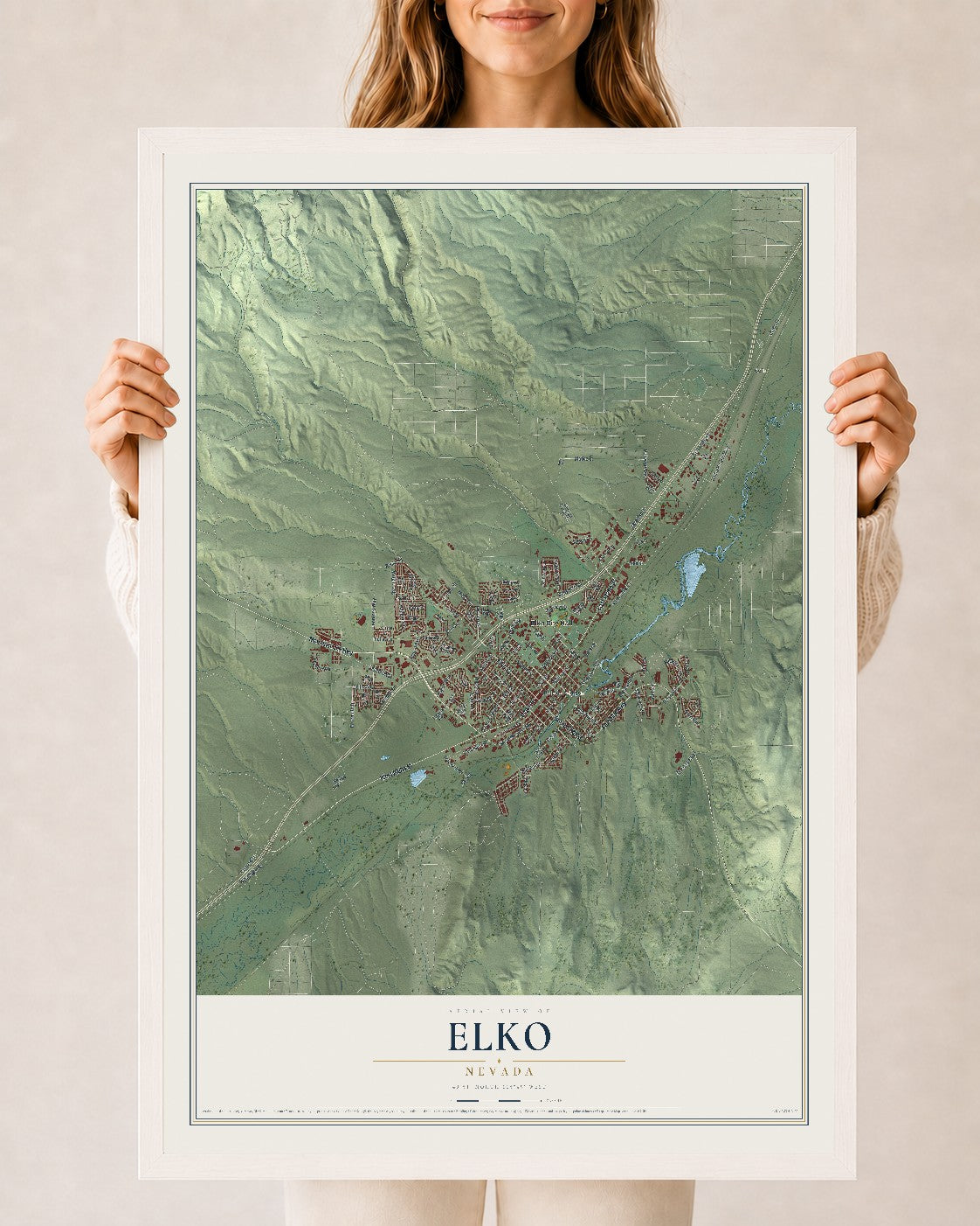 Map of Elko, Nevada, 24 x 36 inch print in a white wood frame