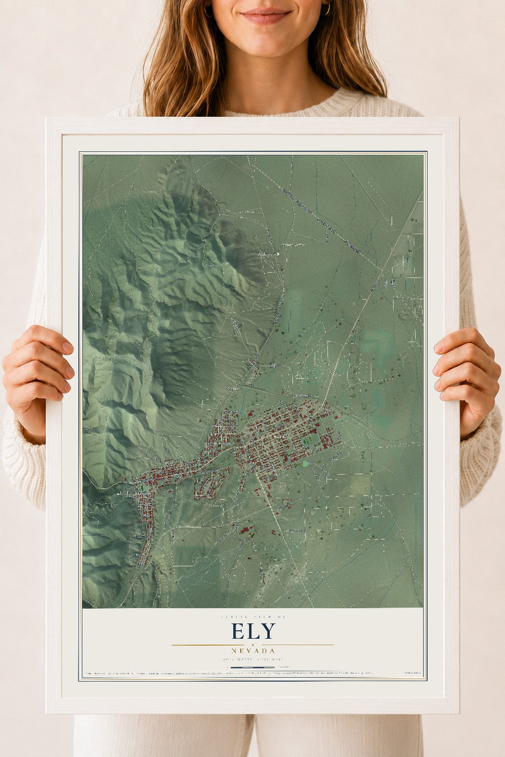 Map of Ely, Nevada, 18 x 24 inch print in a white wood frame