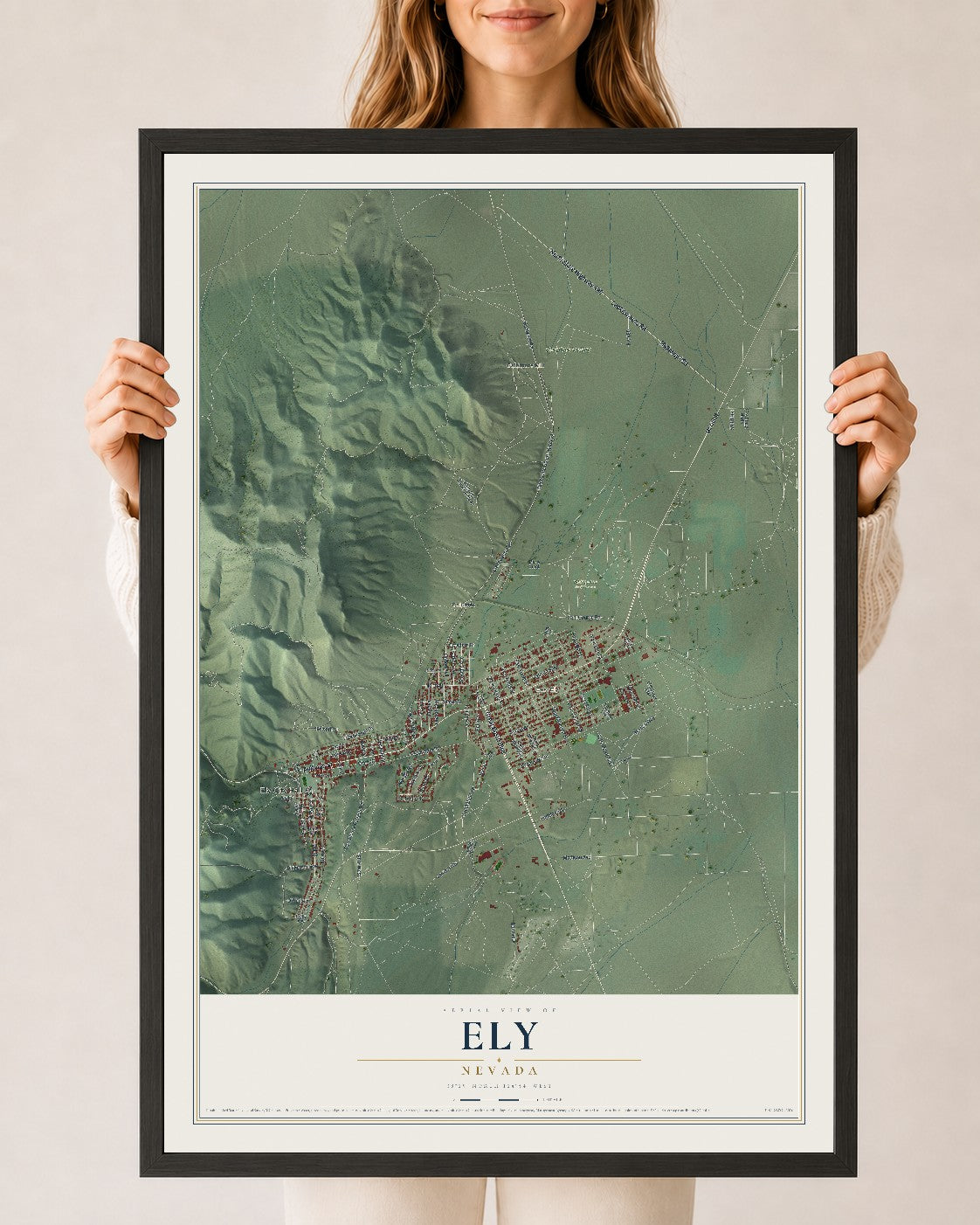 Map of Ely, Nevada, 24 x 36 inch print in a black wood frame