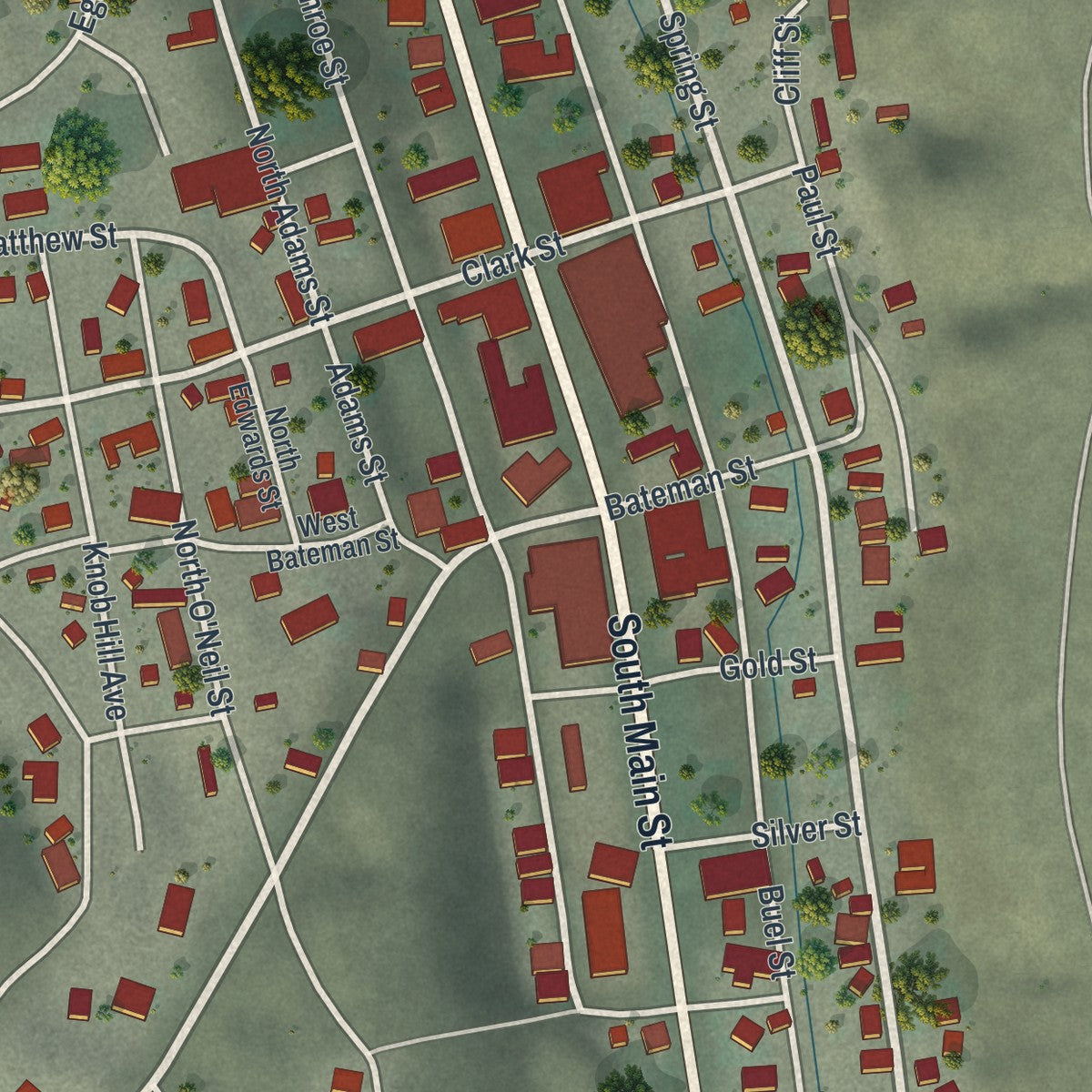 Close-up of the map of Eureka, Nevada print showing street and building detail