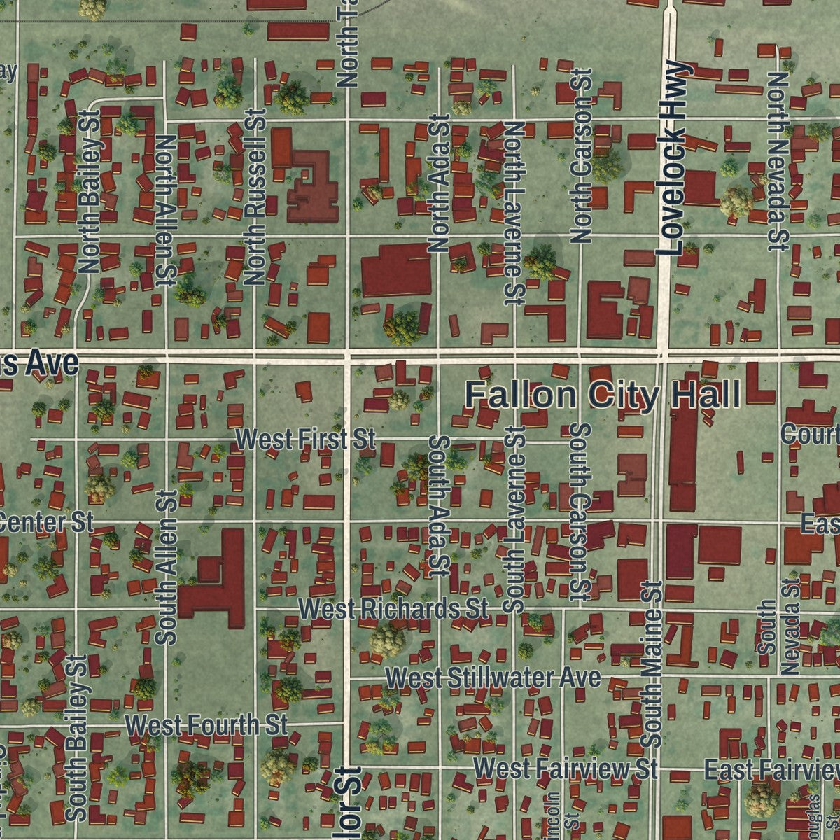 Close-up of the map of Fallon, Nevada print showing street and building detail