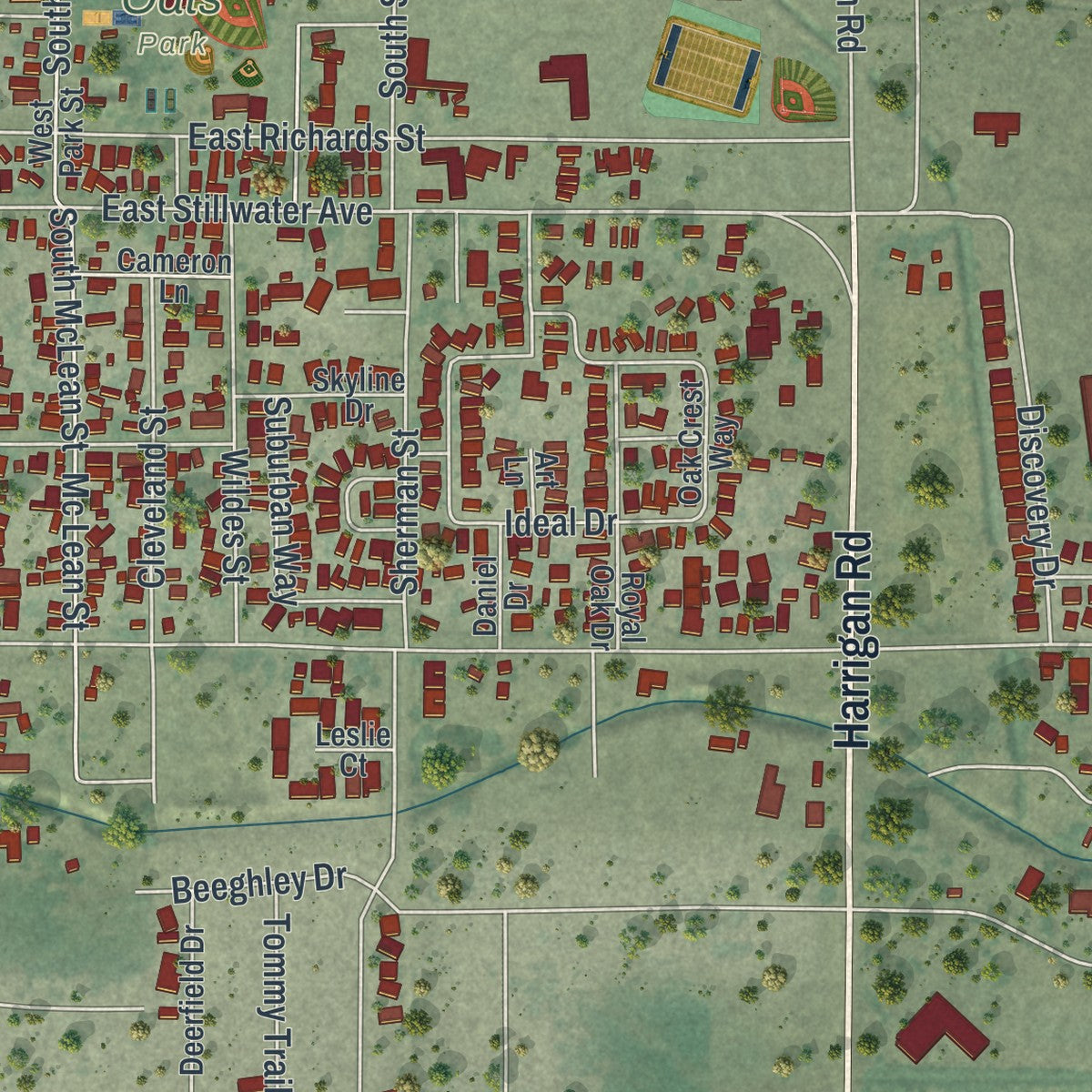 Second close-up of the map of Fallon, Nevada print showing more streets and buildings
