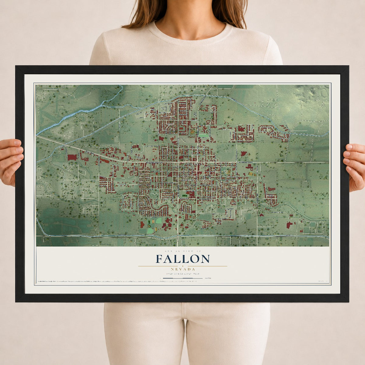 Map of Fallon, Nevada, 18 x 24 inch print in a black wood frame