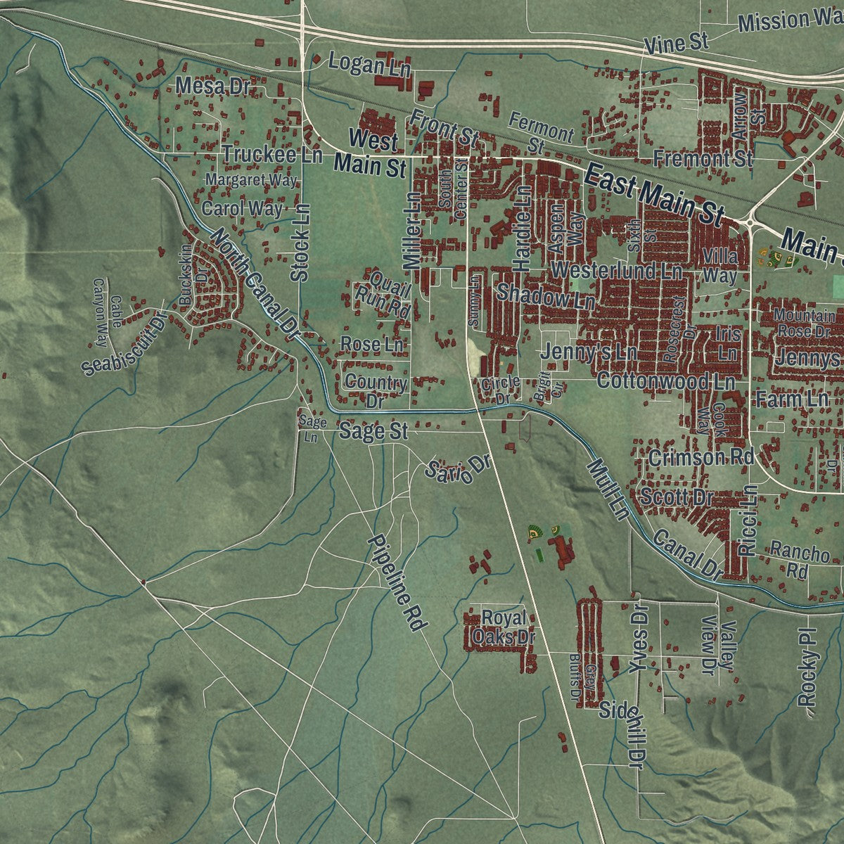 Close-up of the map of Fernley, Nevada print showing street and building detail