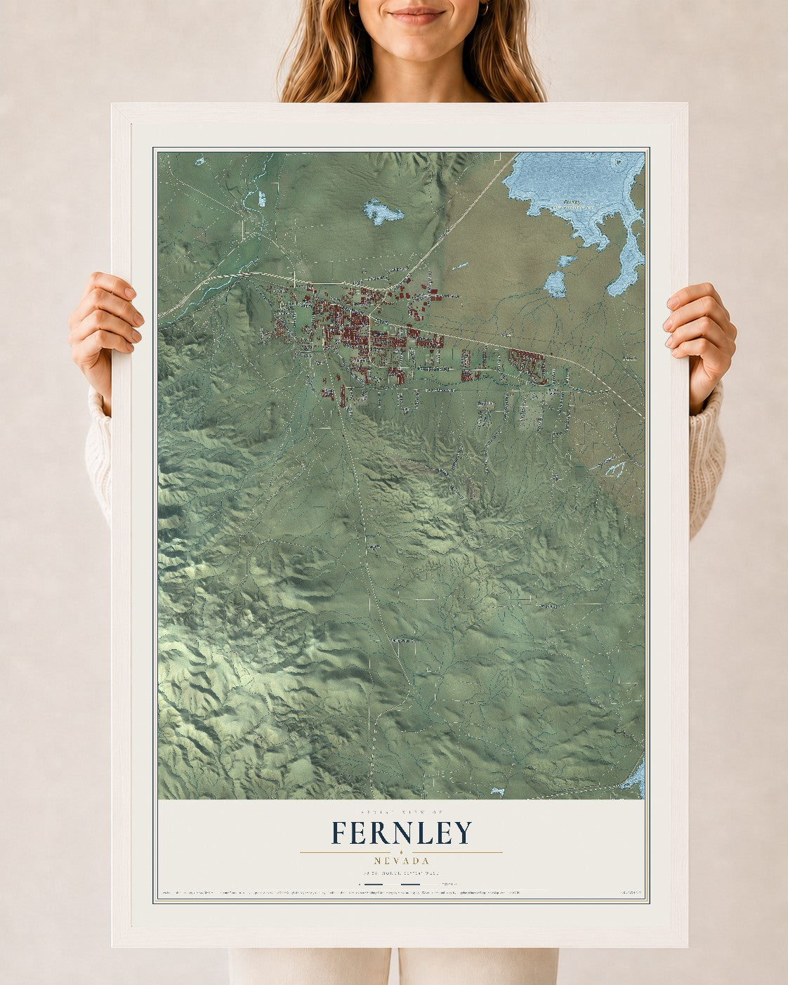 Map of Fernley, Nevada, 24 x 36 inch print in a white wood frame