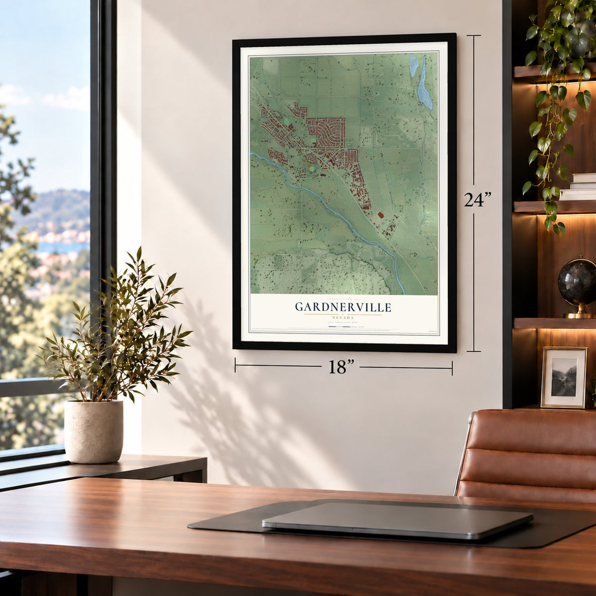 Gardnerville, Nevada map, 18 x 24 inch print in a black frame in a home office