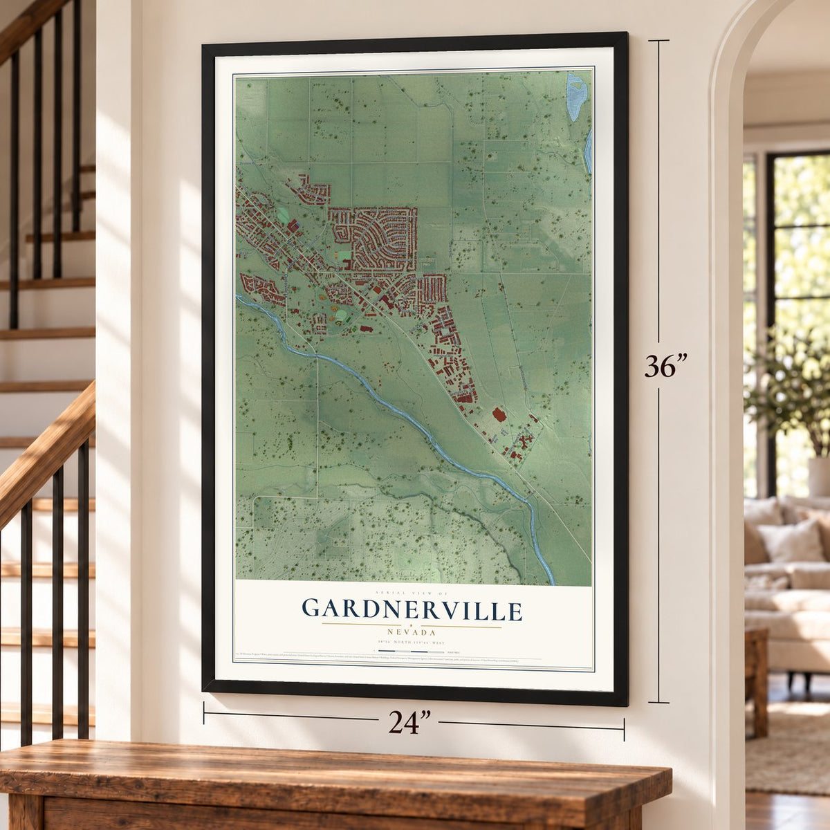 Gardnerville, Nevada map, 24 x 36 inch print in a black frame by a staircase