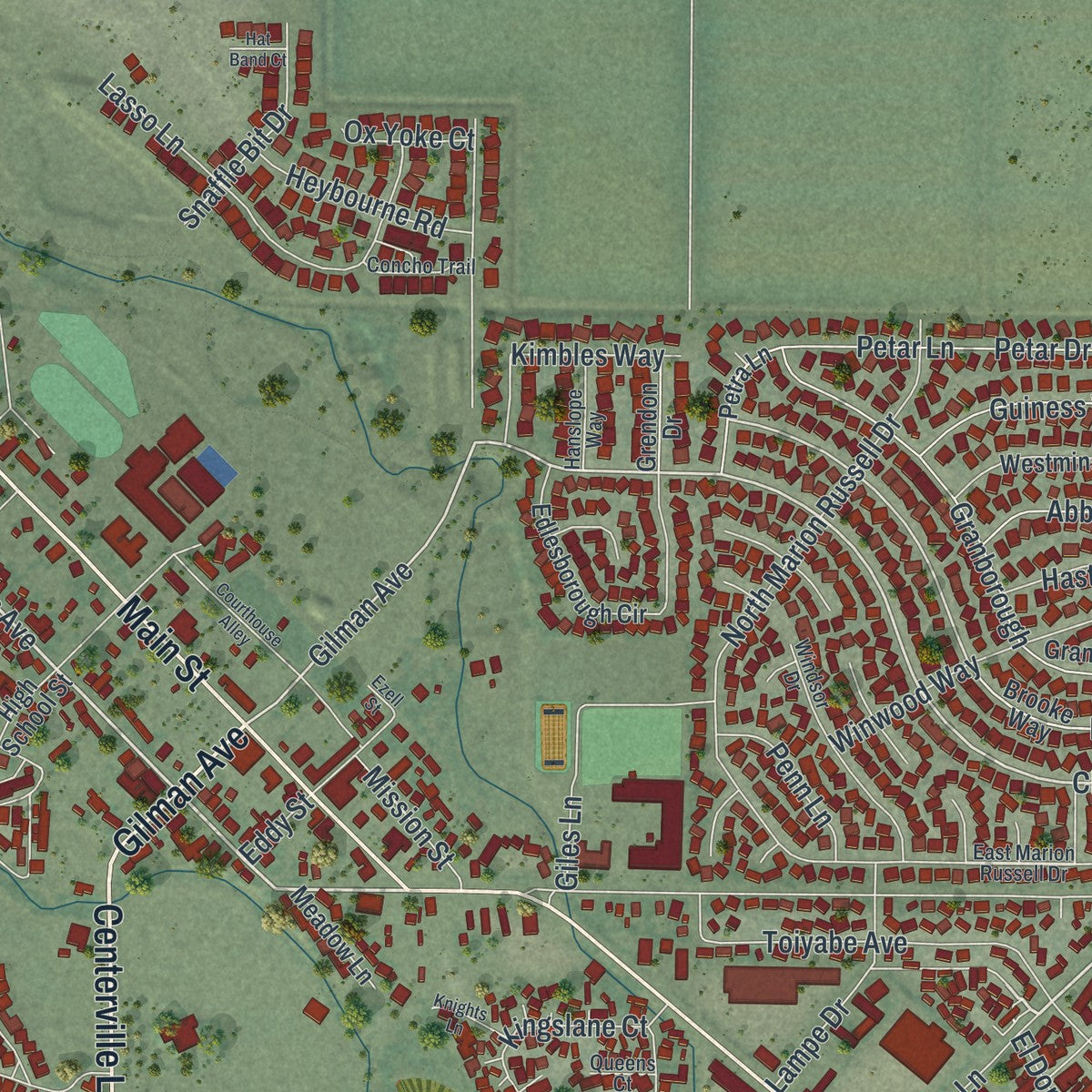 Close-up of the map of Gardnerville, Nevada print showing street and building detail