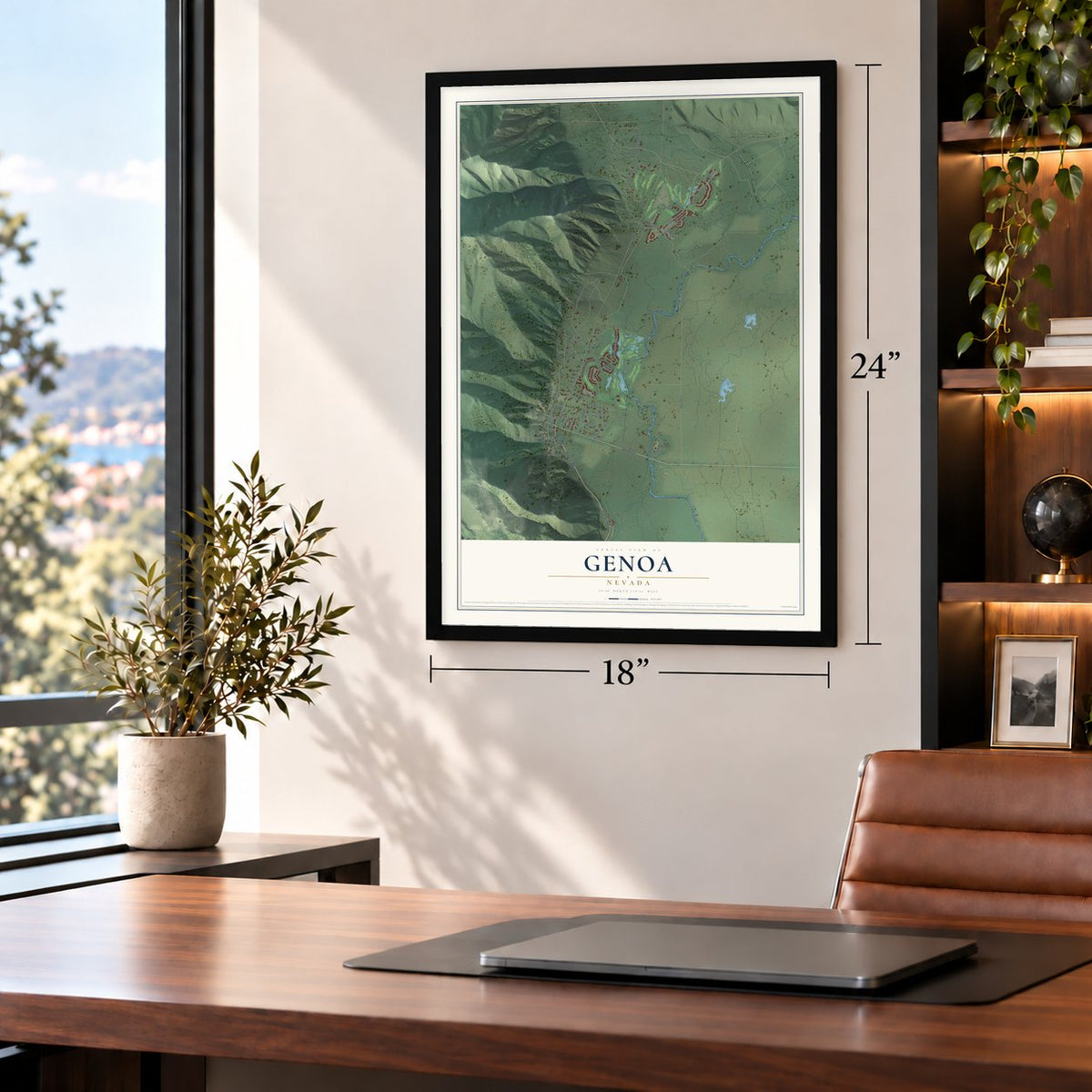 Genoa, Nevada map, 18 x 24 inch print in a black frame in a home office