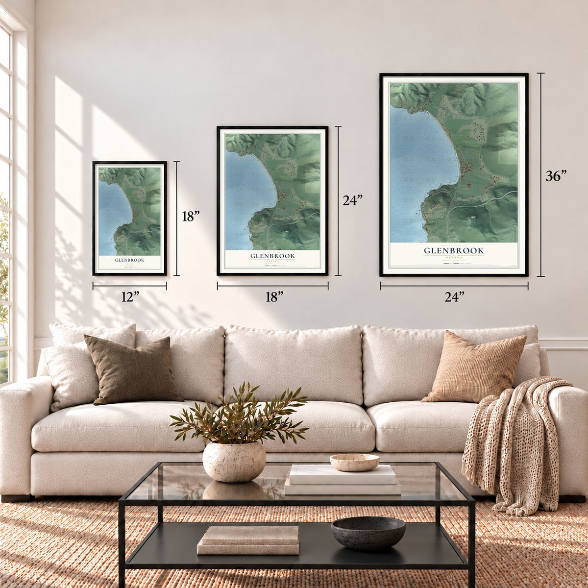 Glenbrook, Nevada map in 12 x 18, 18 x 24 and 24 x 36 inch sizes above a sofa