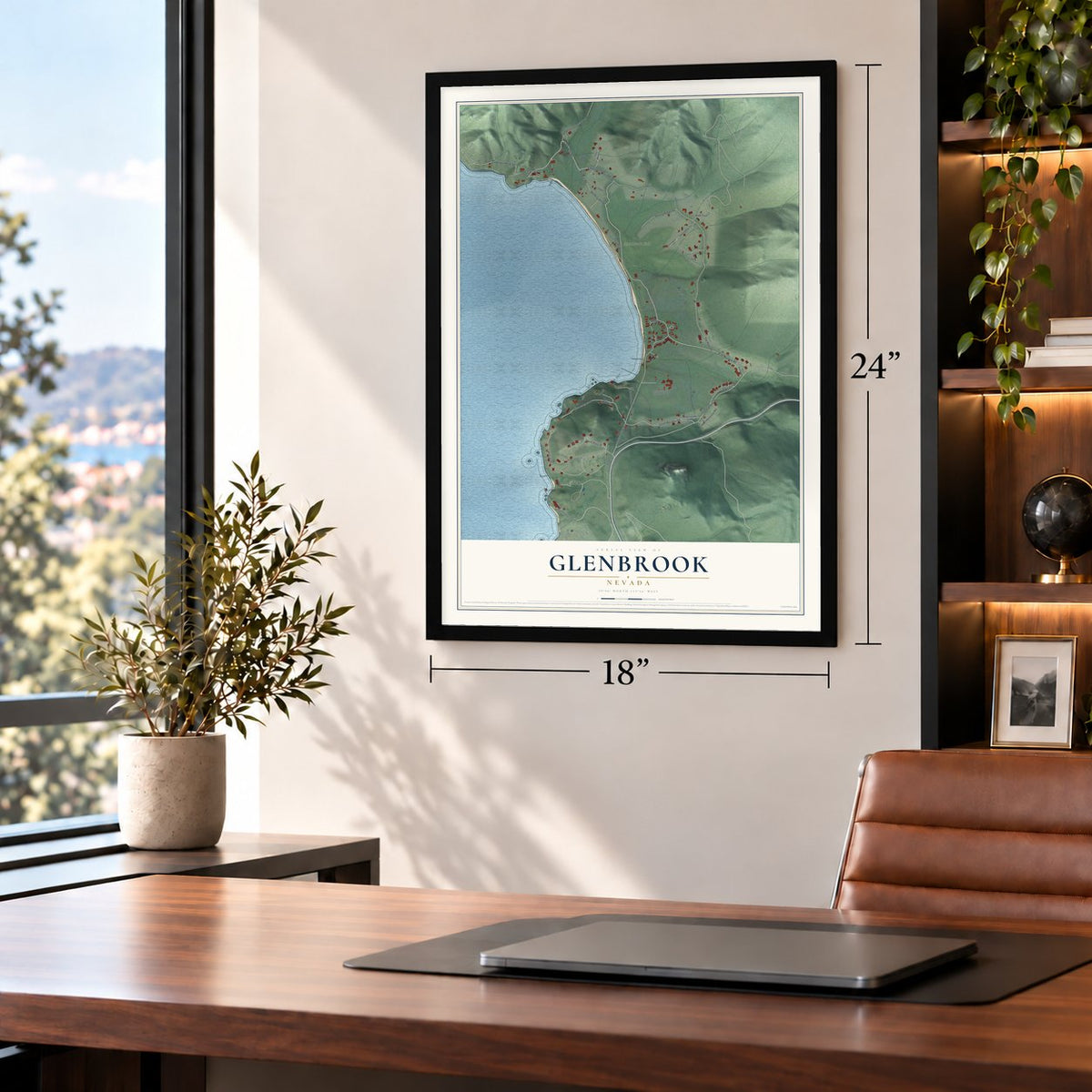 Glenbrook, Nevada map, 18 x 24 inch print in a black frame in a home office