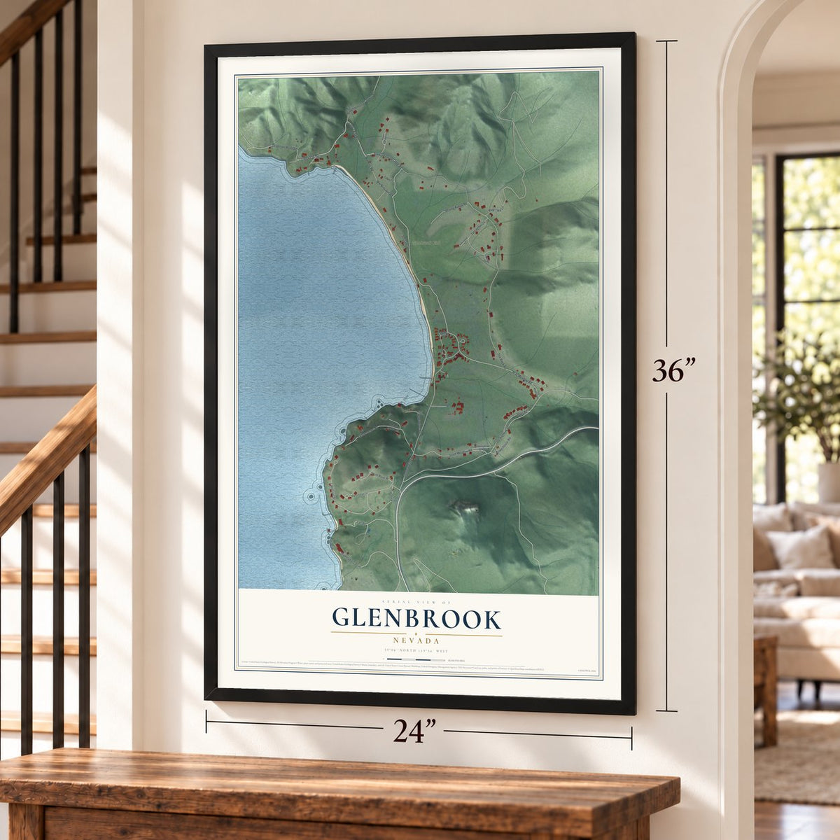 Glenbrook, Nevada map, 24 x 36 inch print in a black frame by a staircase