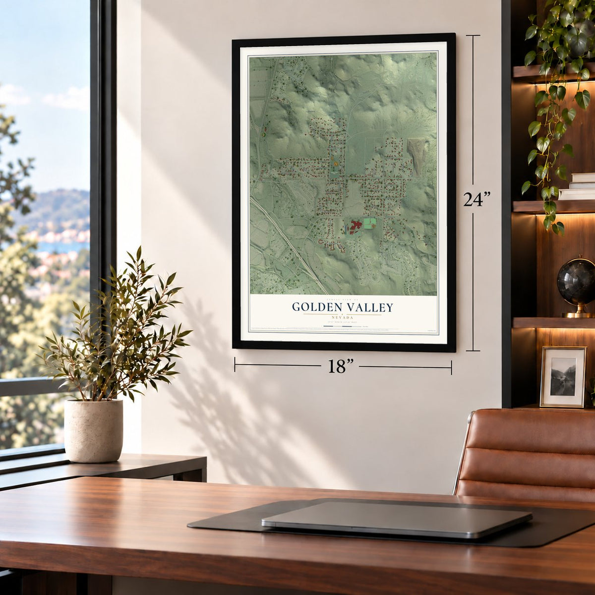 Golden Valley, Nevada map, 18 x 24 inch print in a black frame in a home office
