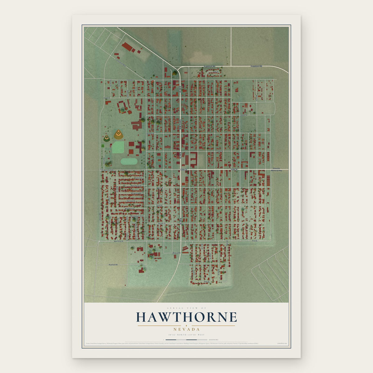 Hawthorne, Nevada map print, the full design