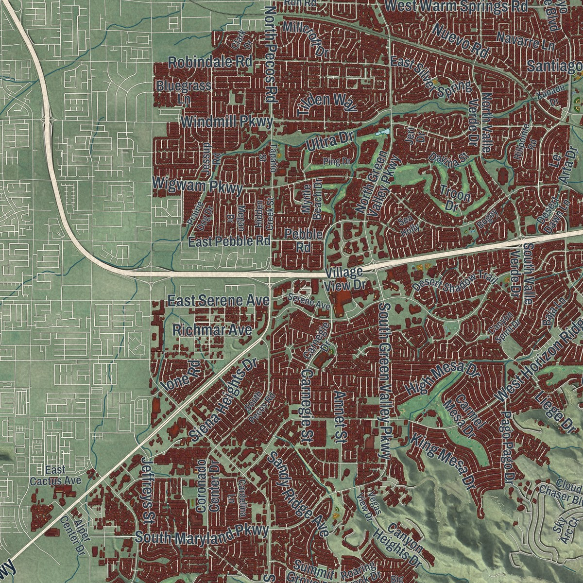 Close-up of the map of Henderson, Nevada print showing street and building detail