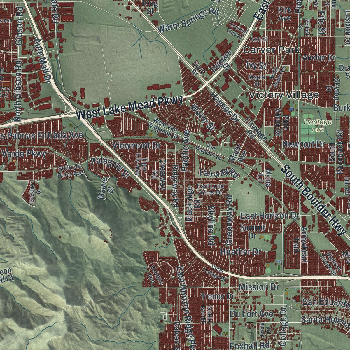 Second close-up of the map of Henderson, Nevada print showing more streets and buildings