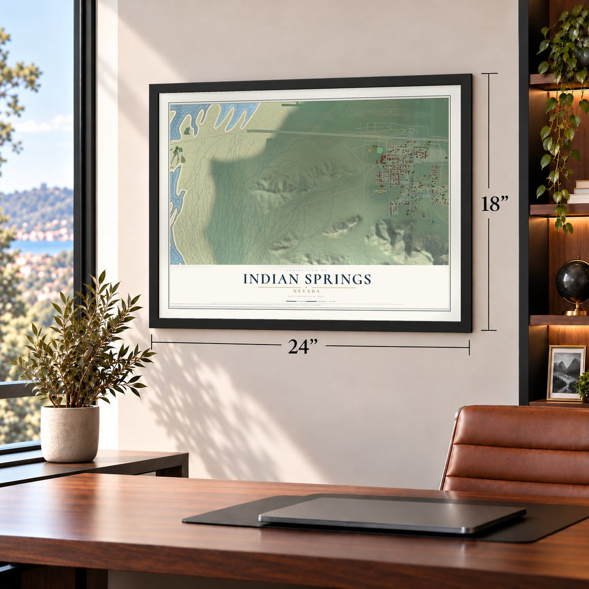 Indian Springs, Nevada map, 18 x 24 inch print in a black frame in a home office