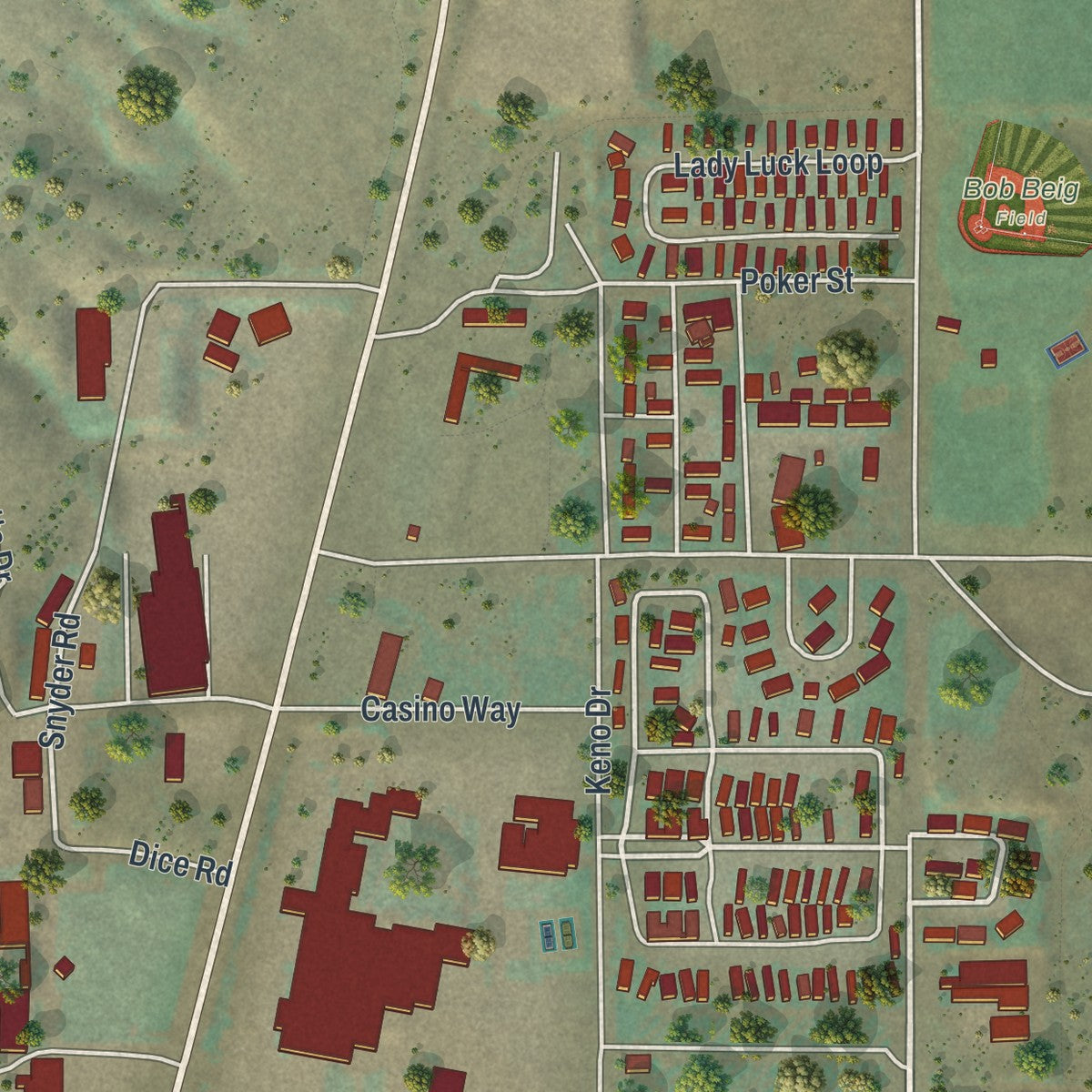 Close-up of the map of Jackpot, Nevada print showing street and building detail