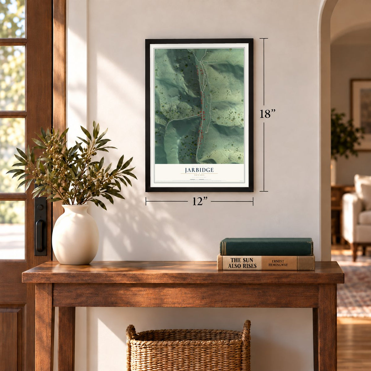 Jarbidge, Nevada map, 12 x 18 inch print in a black frame in an entryway
