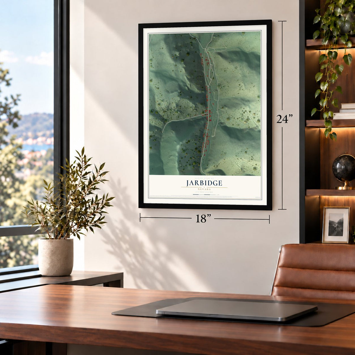 Jarbidge, Nevada map, 18 x 24 inch print in a black frame in a home office