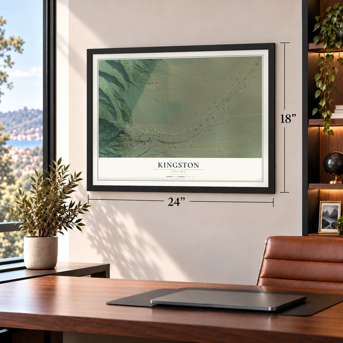 Kingston, Nevada map, 18 x 24 inch print in a black frame in a home office