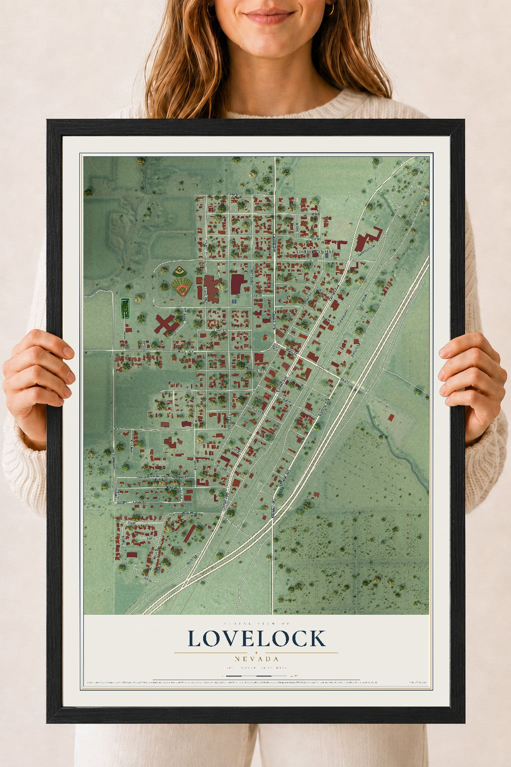 Map of Lovelock, Nevada, 18 x 24 inch print in a black wood frame