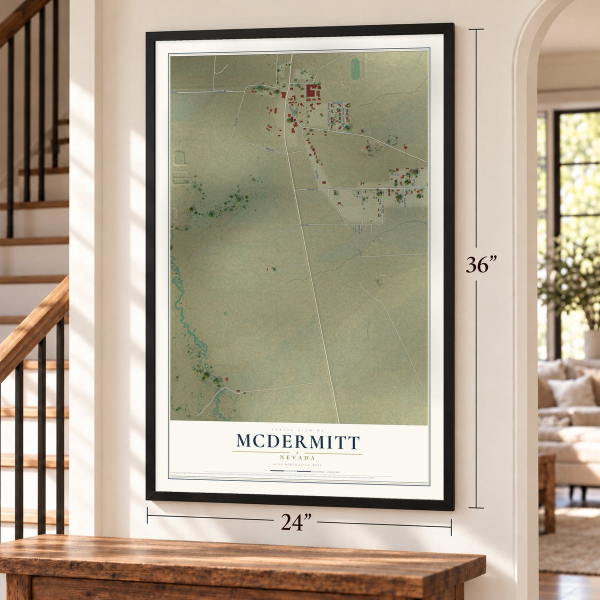 McDermitt, Nevada map, 24 x 36 inch print in a black frame by a staircase