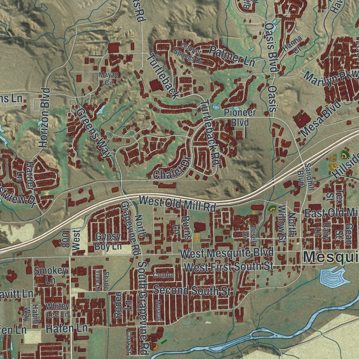 Close-up of the map of Mesquite, Nevada print showing street and building detail
