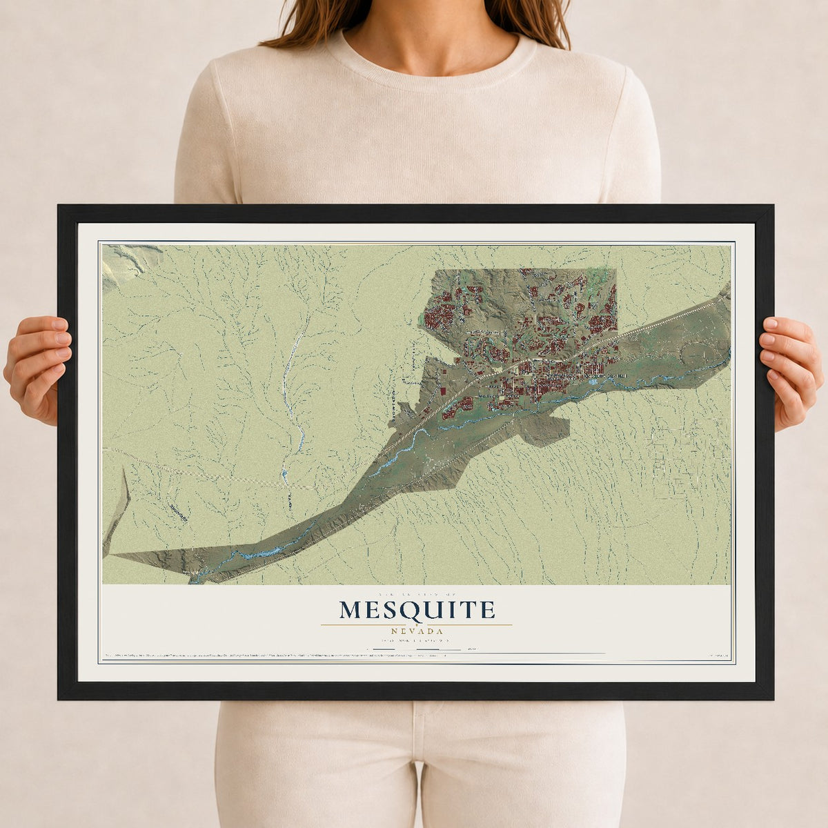 Map of Mesquite, Nevada, 12 x 18 inch print in a black wood frame
