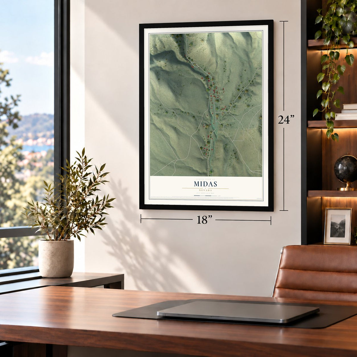 Midas, Nevada map, 18 x 24 inch print in a black frame in a home office