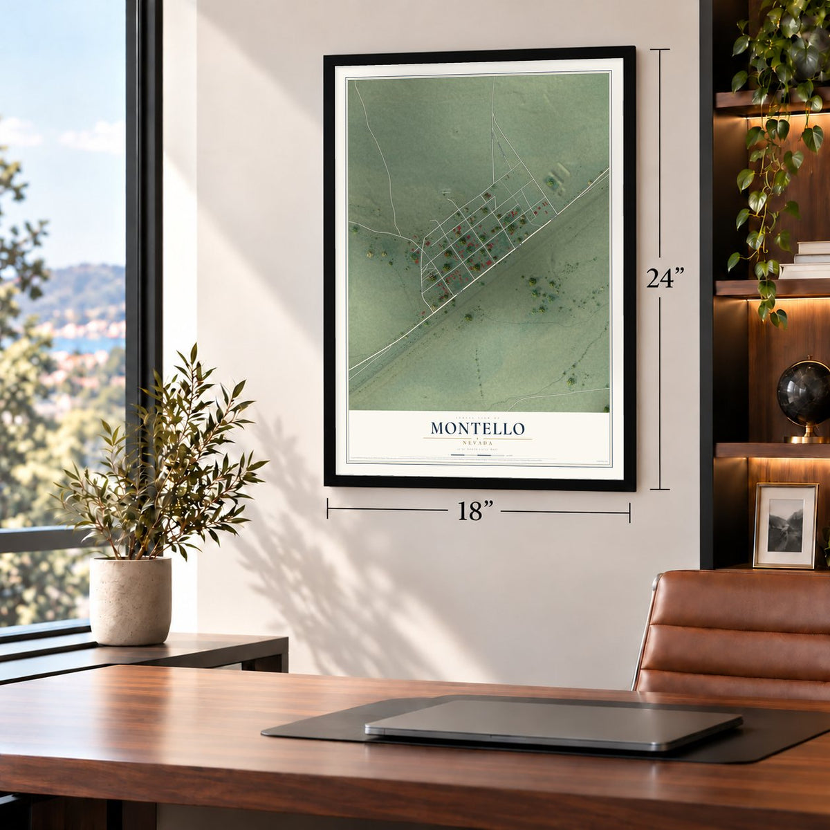 Montello, Nevada map, 18 x 24 inch print in a black frame in a home office