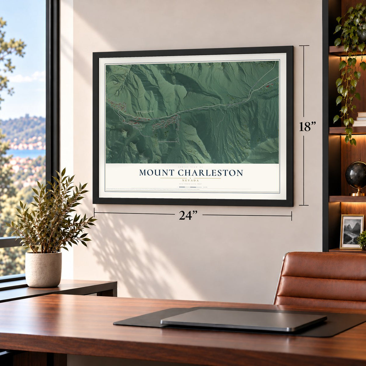 Mount Charleston, Nevada map, 18 x 24 inch print in a black frame in a home office