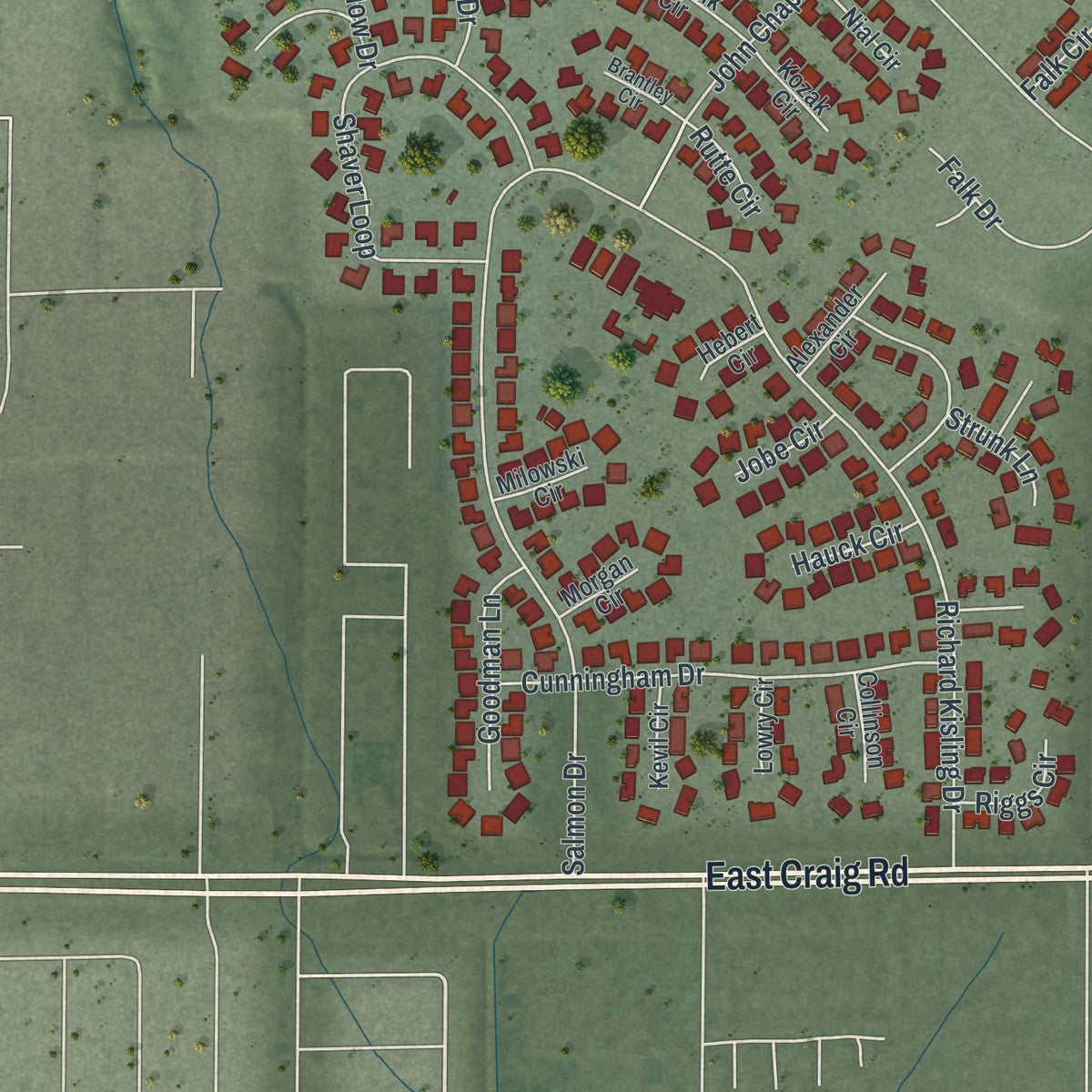 Close-up of the map of Nellis AFB, Nevada print showing street and building detail