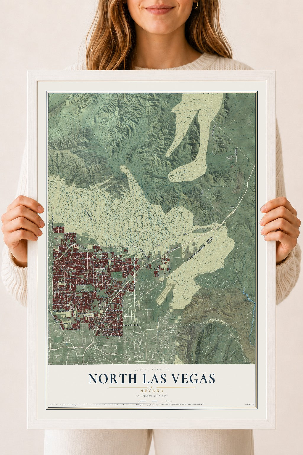 Map of North Las Vegas, Nevada, 18 x 24 inch print in a white wood frame