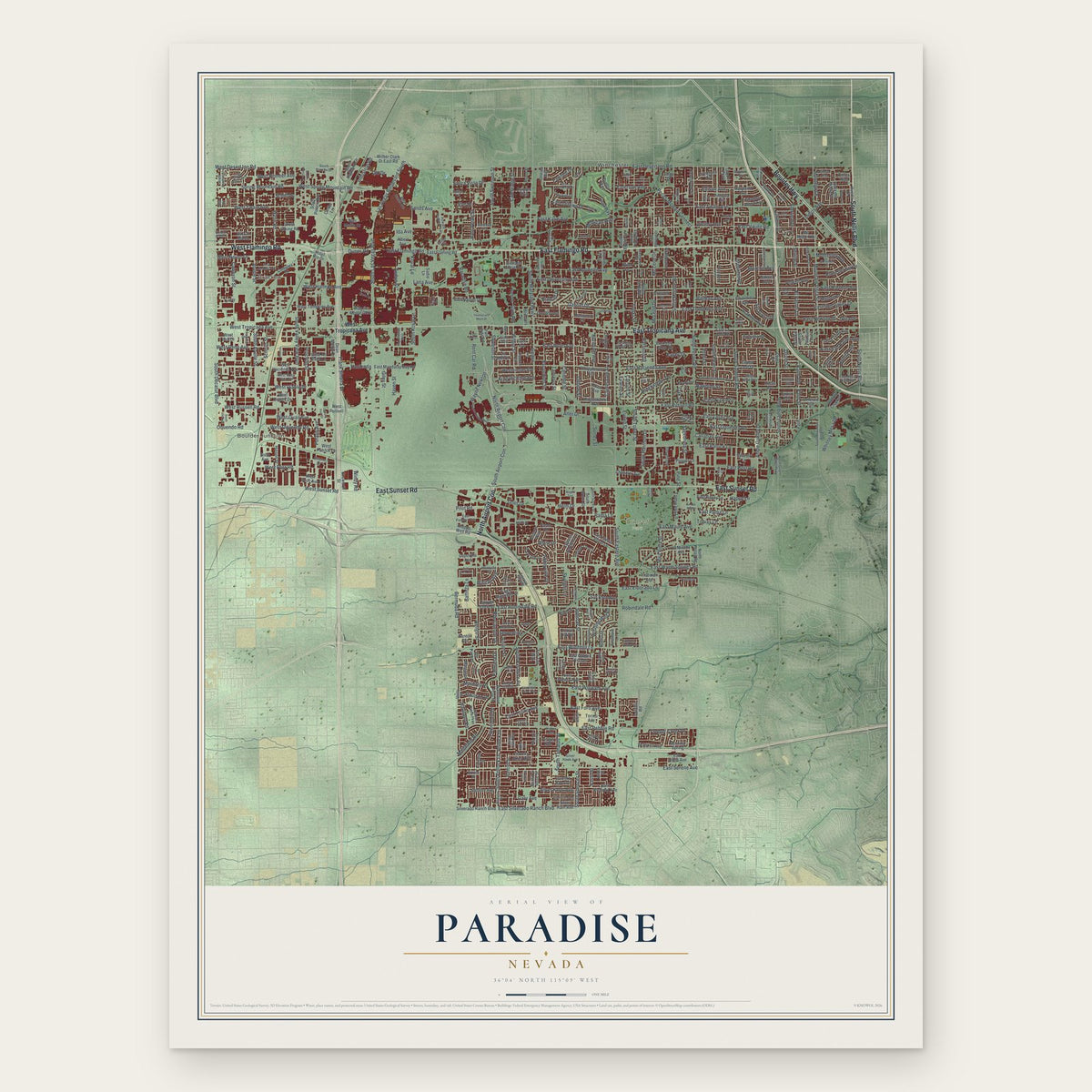 Paradise, Nevada map print, the full design