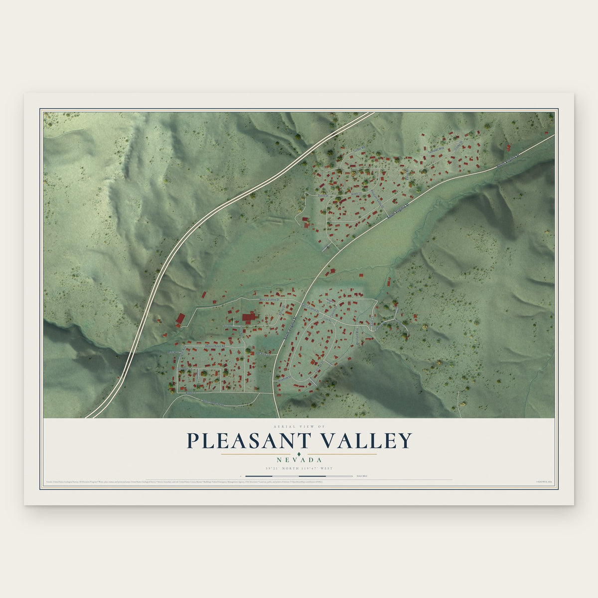 Pleasant Valley, Nevada map print, the full design
