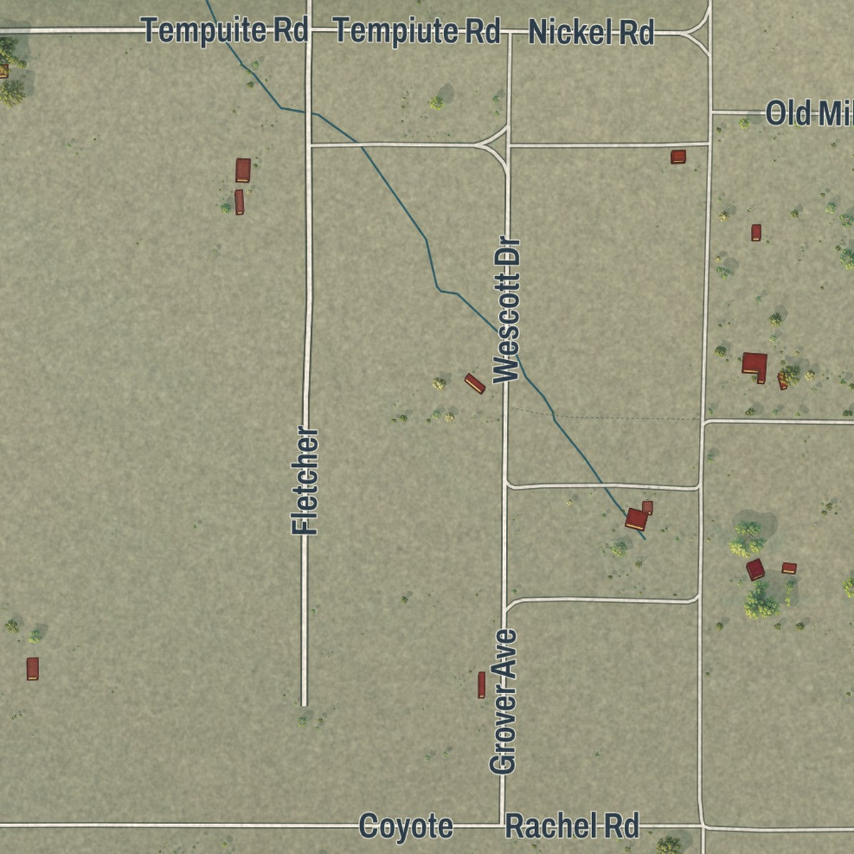 Close-up of the map of Rachel, Nevada print showing street and building detail