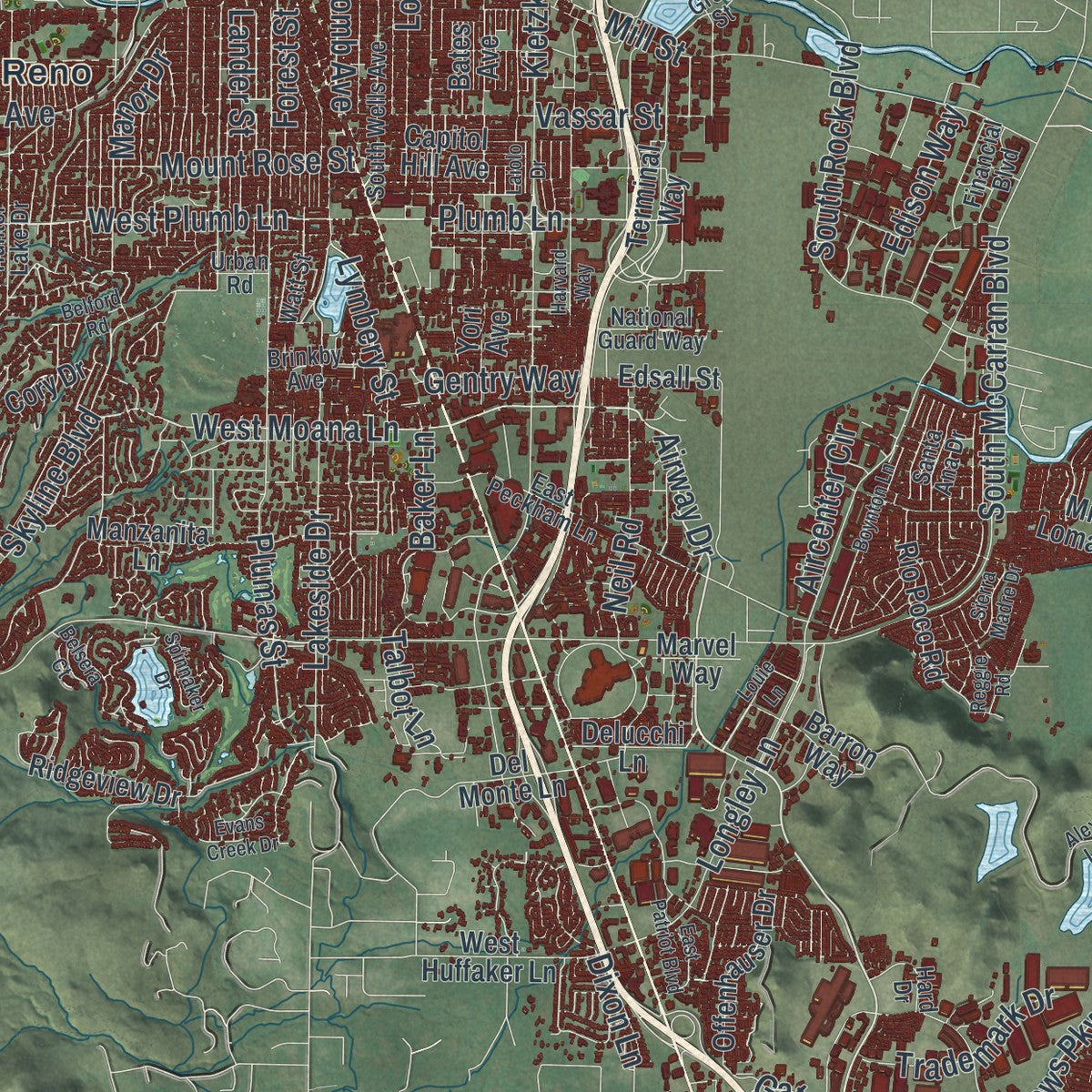 Close-up of the map of Reno, Nevada print showing street and building detail