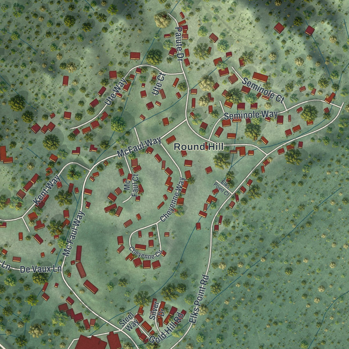 Close-up of the map of Round Hill Village, Nevada print showing street and building detail