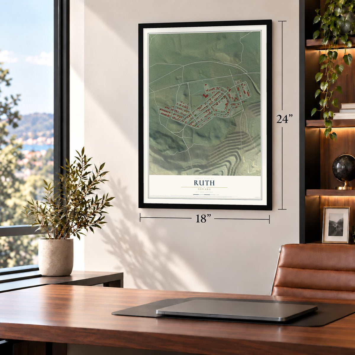 Ruth, Nevada map, 18 x 24 inch print in a black frame in a home office