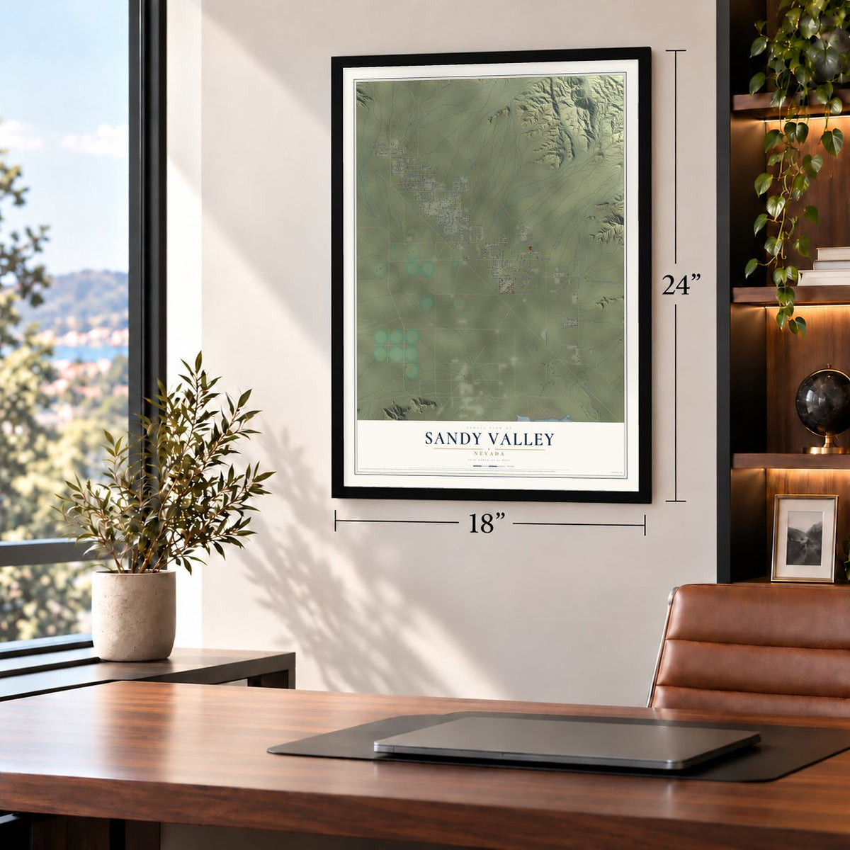 Sandy Valley, Nevada map, 18 x 24 inch print in a black frame in a home office
