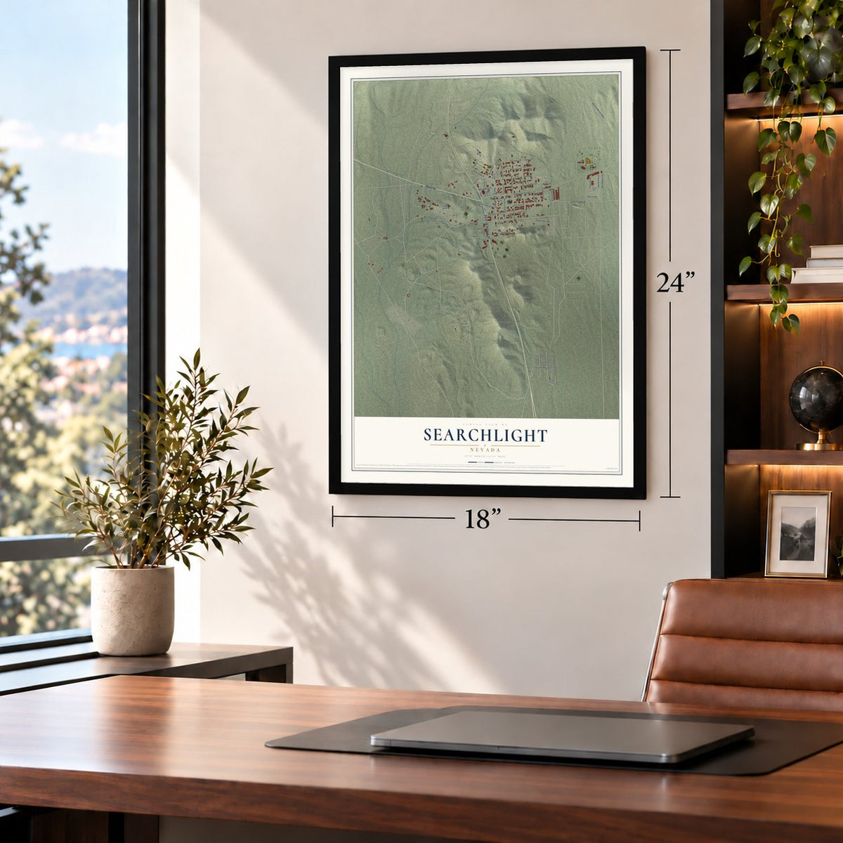 Searchlight, Nevada map, 18 x 24 inch print in a black frame in a home office