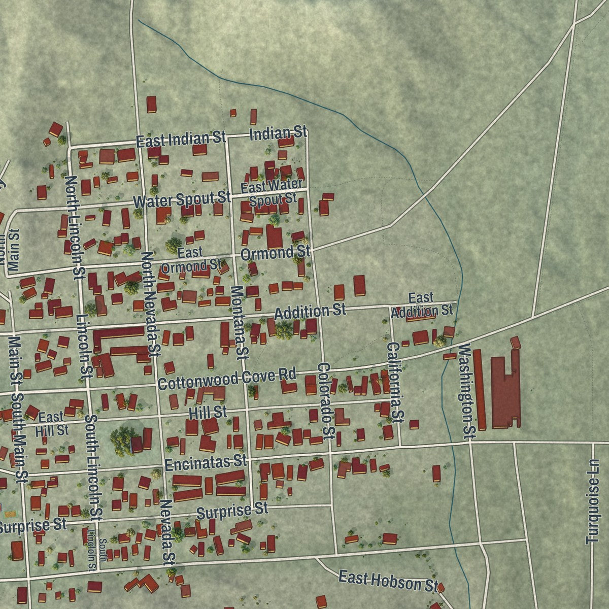 Close-up of the map of Searchlight, Nevada print showing street and building detail