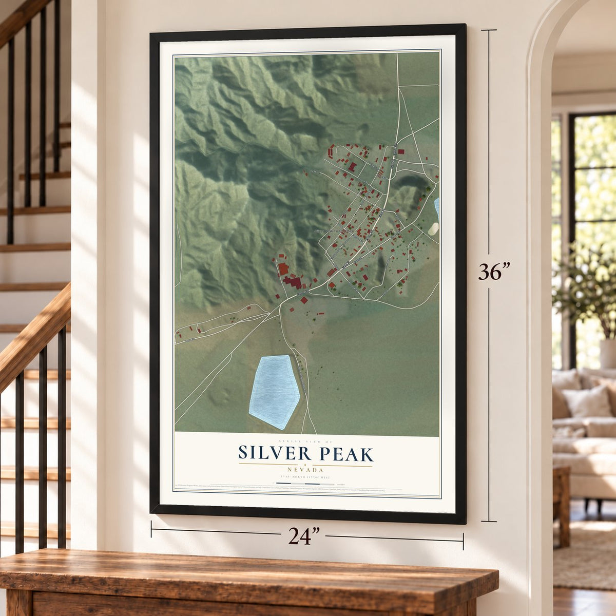 Silver Peak, Nevada map, 24 x 36 inch print in a black frame by a staircase