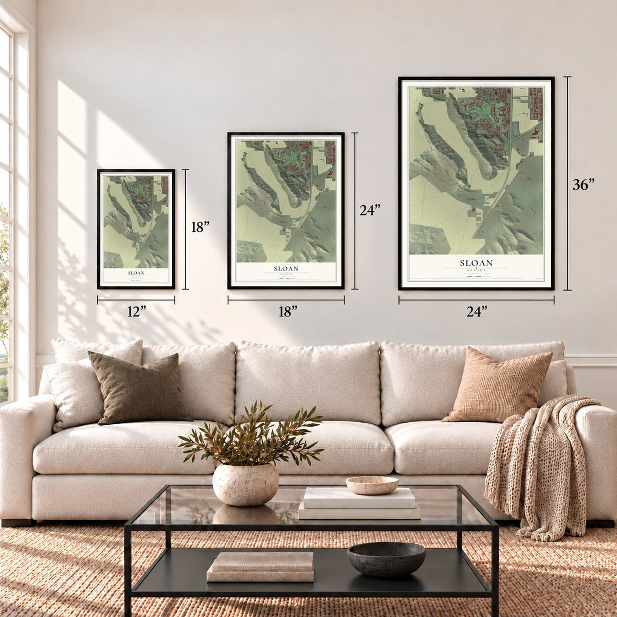 Sloan, Nevada map in 12 x 18, 18 x 24 and 24 x 36 inch sizes above a sofa