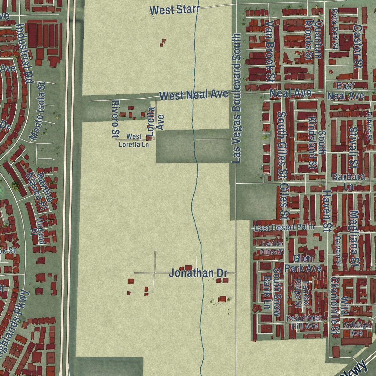 Close-up of the map of Sloan, Nevada print showing street and building detail